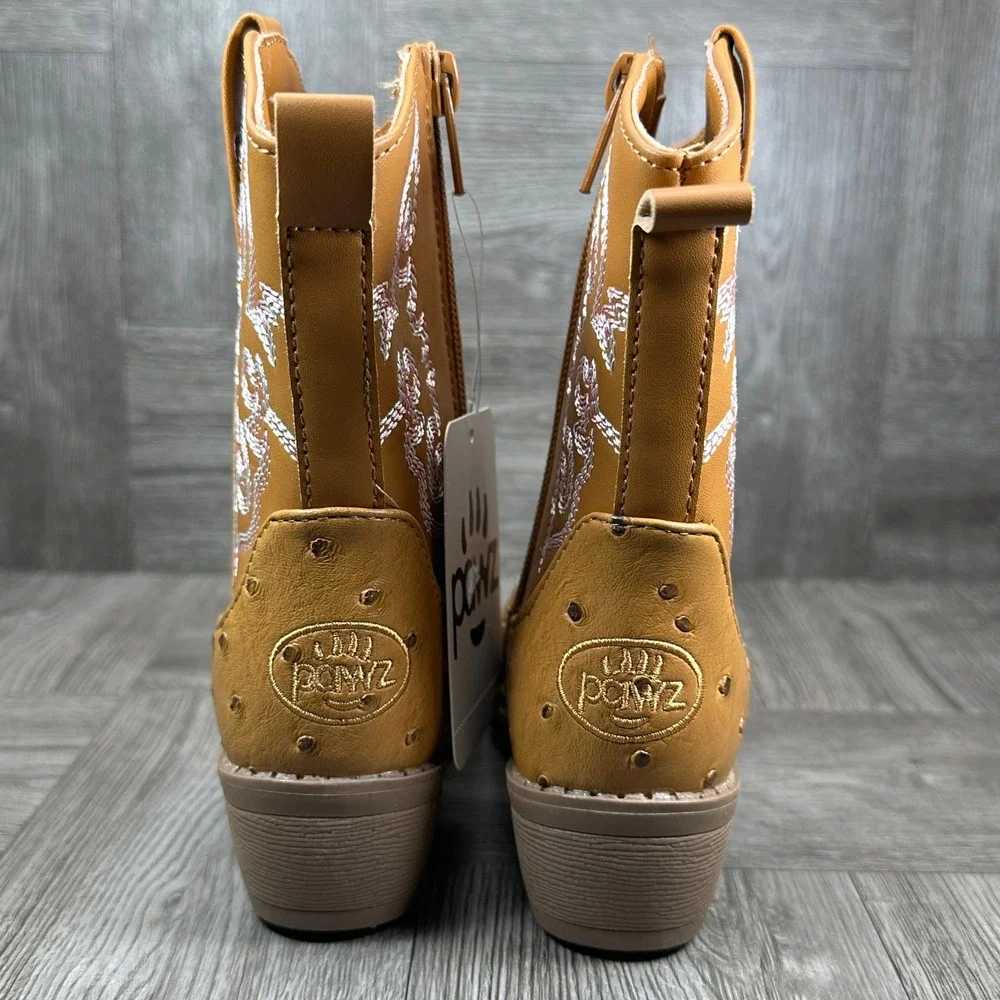 Pawz Western Boots Kids Size 10 Brown Ostrich Print Embroidered Zipper NEW